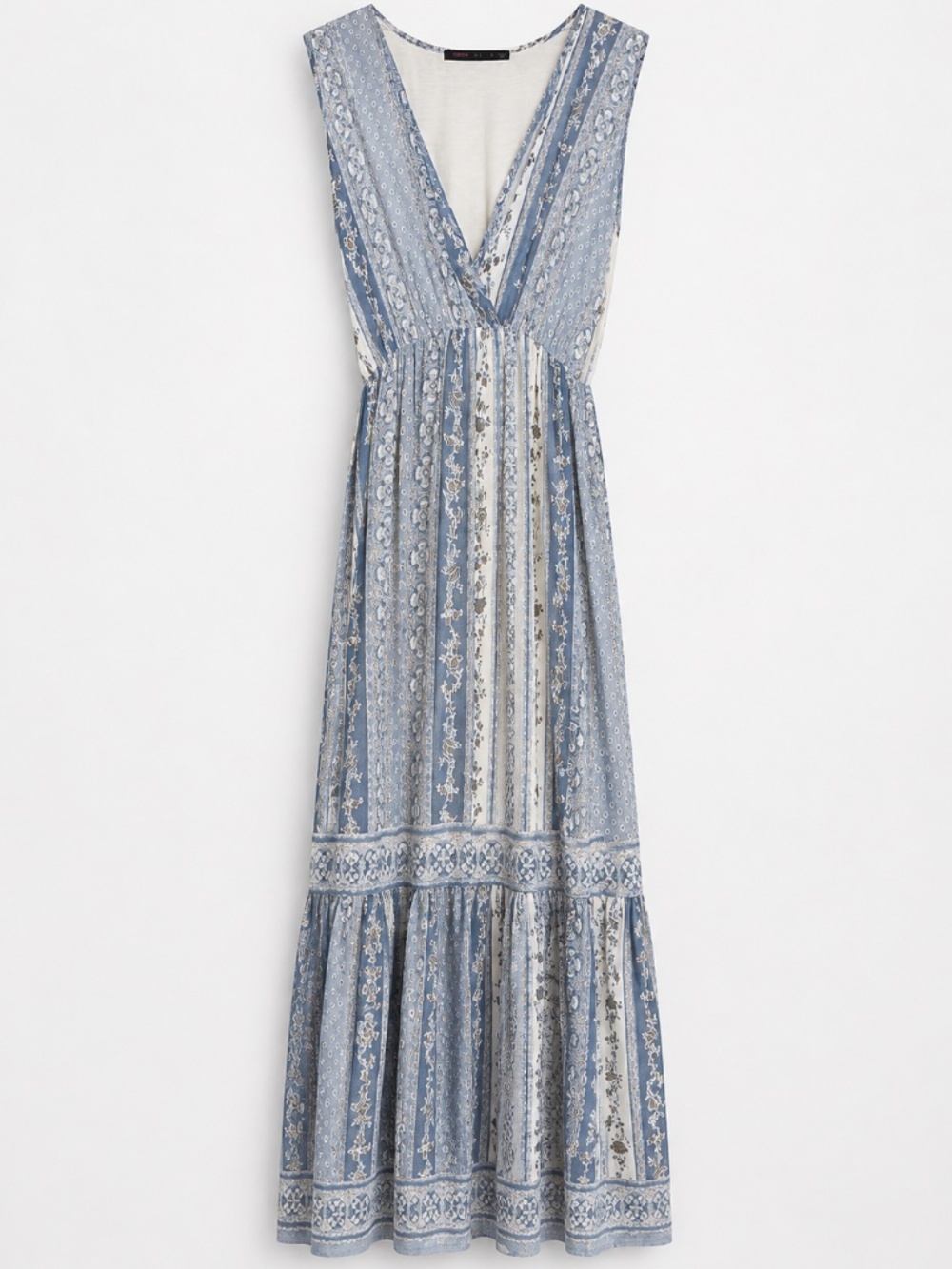 Fraiche by J Small Blue White Boho Floral Tiered Maxi Dress Sleeveless